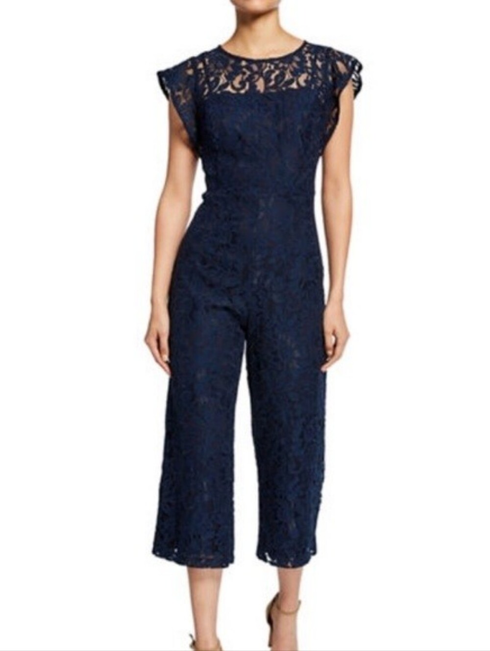 Donna Ricco Navy Blue Lace Jumpsuit Flutter Sleeve Crop Wide-Leg SIZE 10 - Picture 4 of 10